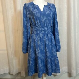 Simplee Apparel Elegant Blue Patterned Long Sleeve Dress